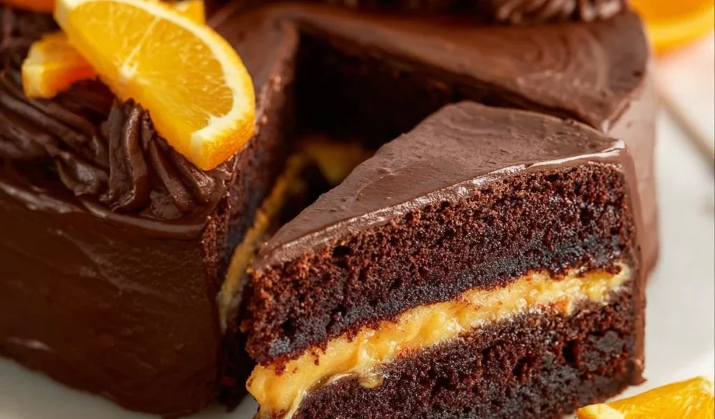 Torta al Cioccolato e Arancia decorata con fette d'arancia e cioccolato fondente