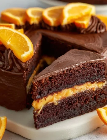 Torta al Cioccolato e Arancia decorata con fette d'arancia e cioccolato fondente