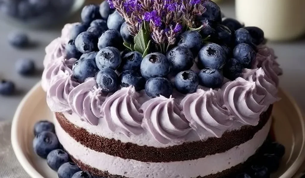 Torta al cioccolato e mirtilli decorata con frutta fresca