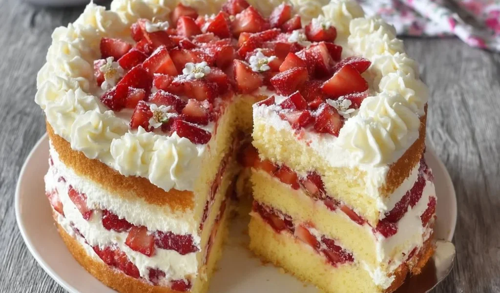 Torta alle fragole e panna semplice e cremosa con decorazioni fresche
