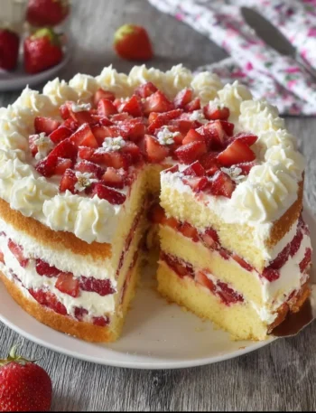 Torta alle fragole e panna semplice e cremosa con decorazioni fresche
