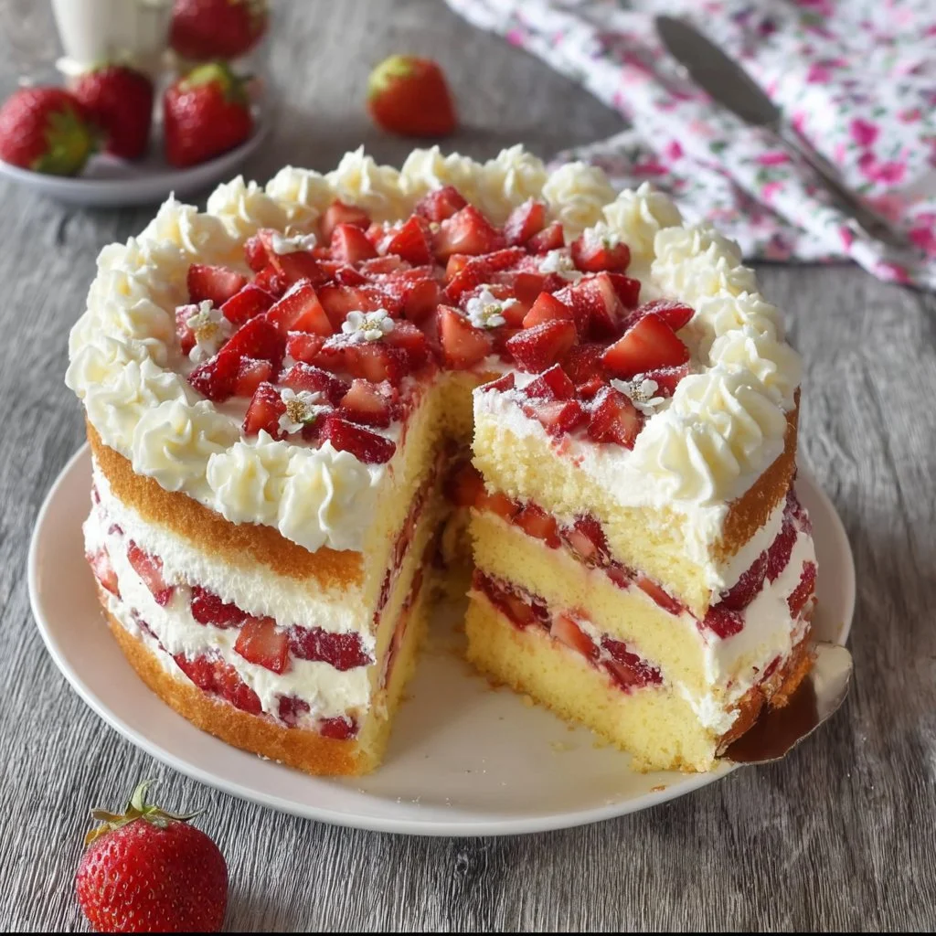 Torta alle fragole e panna semplice e cremosa con decorazioni fresche
