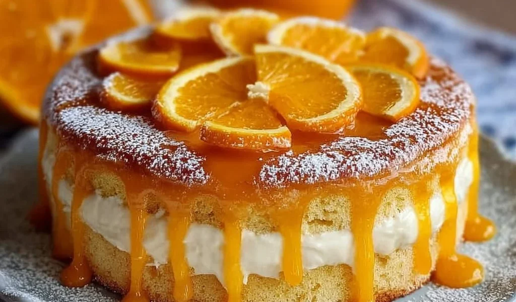 Fetta di torta all'arancia con crema all'arancia su piatto