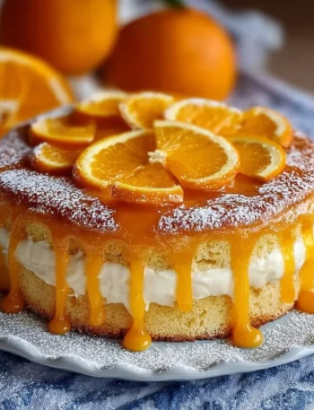 Fetta di torta all'arancia con crema all'arancia su piatto