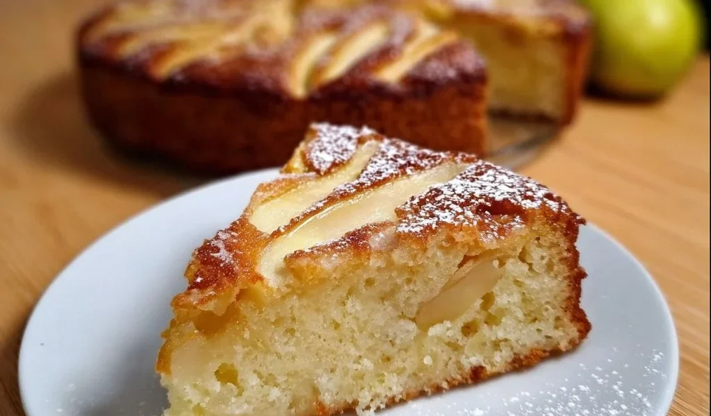 Torta con yogurt e mele morbida e leggera su un piatto decorativo