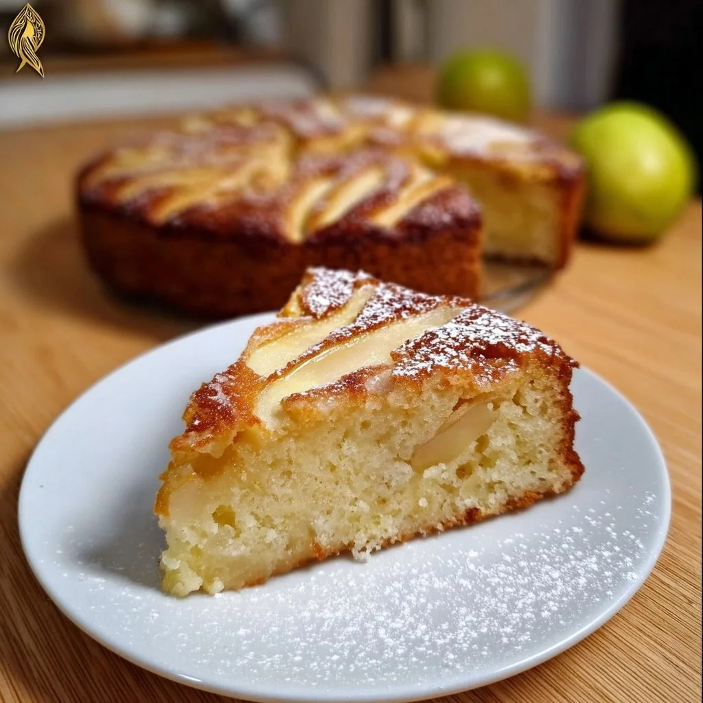 Torta con yogurt e mele morbida e leggera su un piatto decorativo