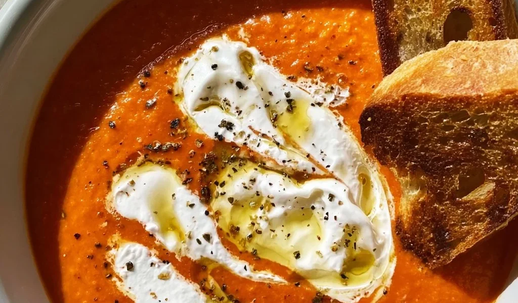 Zuppa Fredda di Pomodori servita con Stracciatella fresca.
