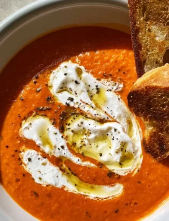 Zuppa Fredda di Pomodori servita con Stracciatella fresca.