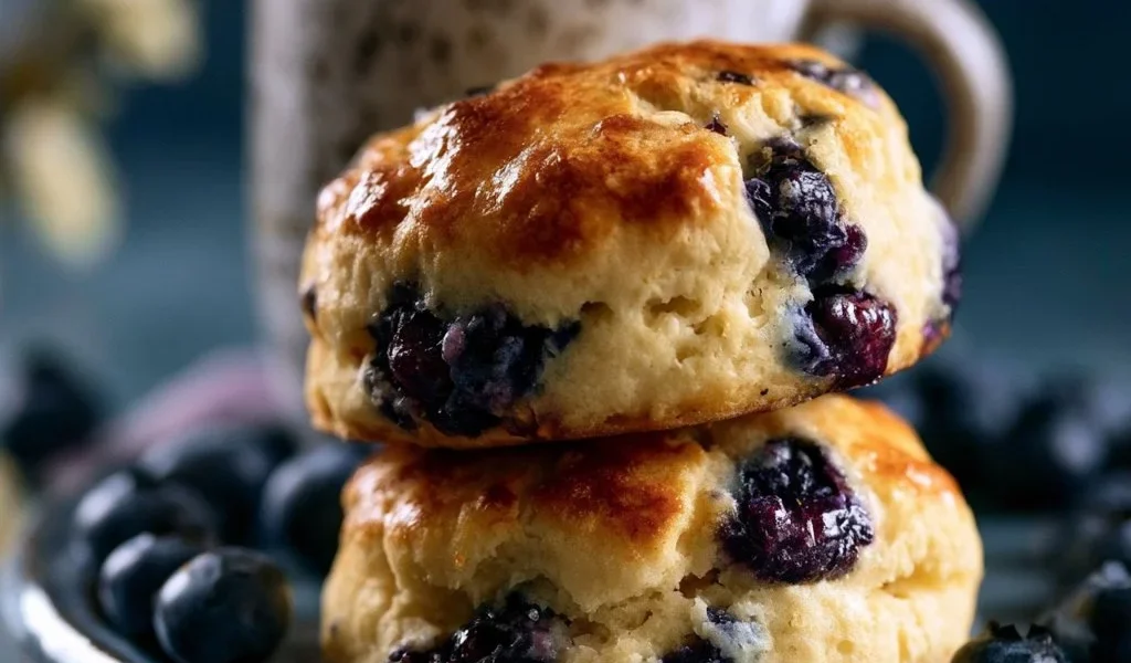 Scones ai mirtilli freschi e miele in un cestino di pasticceria