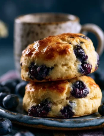 Scones ai mirtilli freschi e miele serviti in un cestino di pasticceria