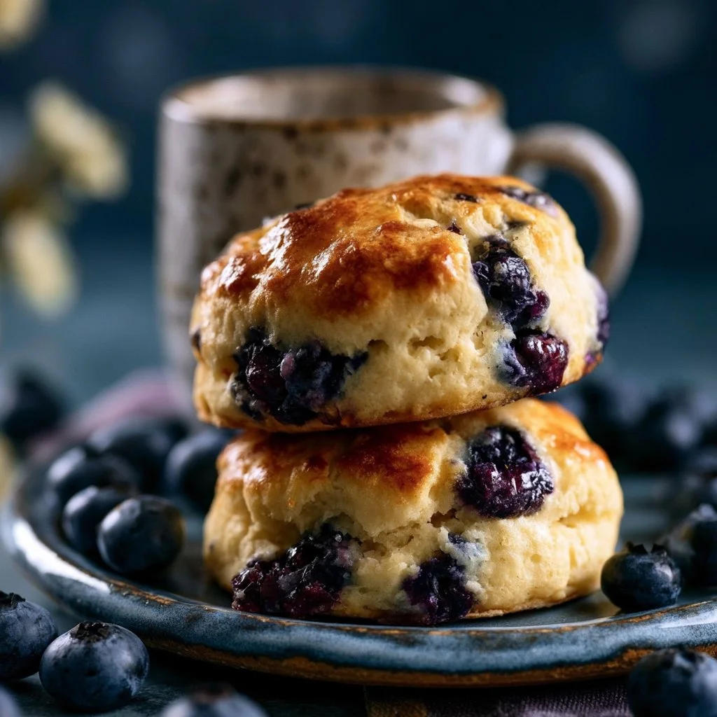 Scones ai mirtilli freschi e miele serviti in un cestino di pasticceria