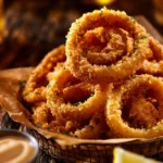 Calamari croccanti serviti su un piatto con salsa di accompagnamento.