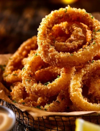 Calamari croccanti serviti su un piatto con salsa di accompagnamento.
