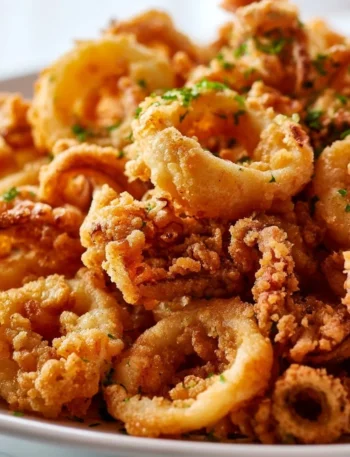 Piatto di calamari fritti croccanti serviti con salsa di accompagnamento