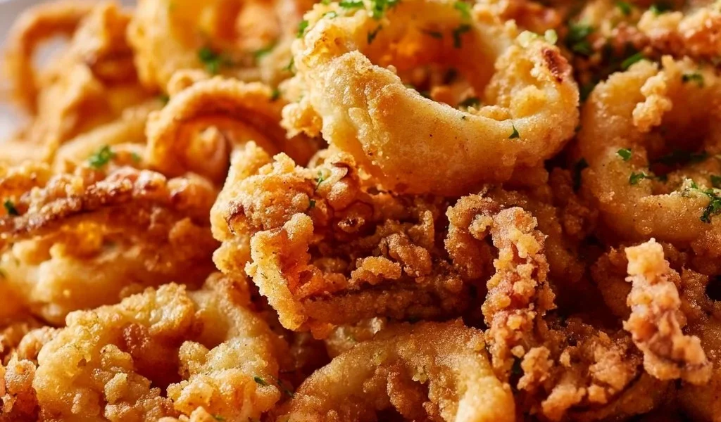 Porzione di calamari fritti croccanti serviti con limone e salsa.