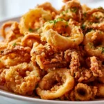 Porzione di calamari fritti croccanti serviti con limone e salsa.