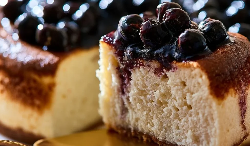 Cheesecake ai mirtilli con crema vellutata e salsa di mirtilli freschi
