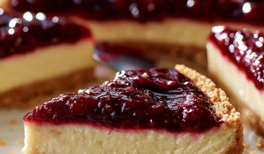 Cheesecake Classica con Salsa ai Frutti di Bosco, dolce cremoso e fruttato.