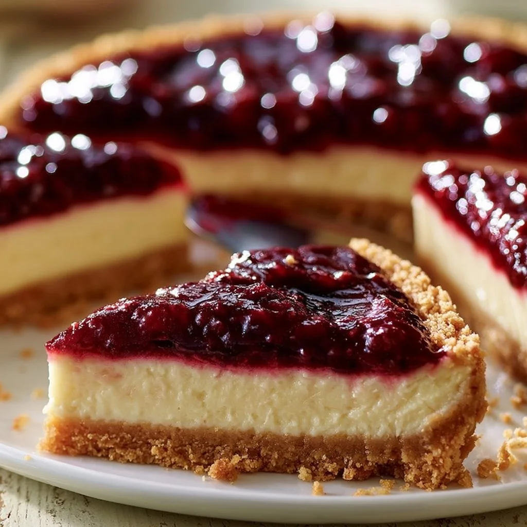 Cheesecake Classica con Salsa ai Frutti di Bosco, dolce cremoso e fruttato.