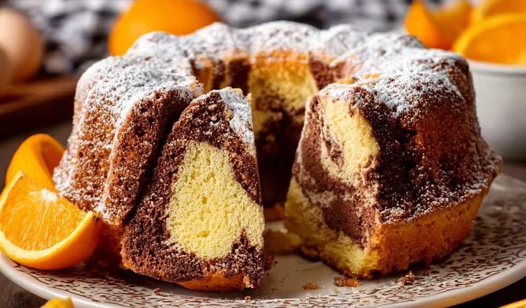 Ciambella arancia e cioccolato su un piatto decorativo