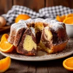 Ciambella arancia e cioccolato su un piatto decorativo