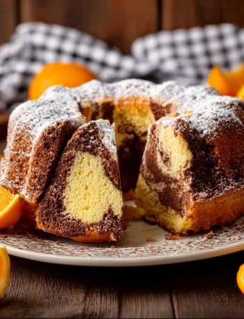 Ciambella arancia e cioccolato su un piatto decorativo