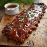 Costine di maiale glassate al forno, croccanti e succose pronte da servire.