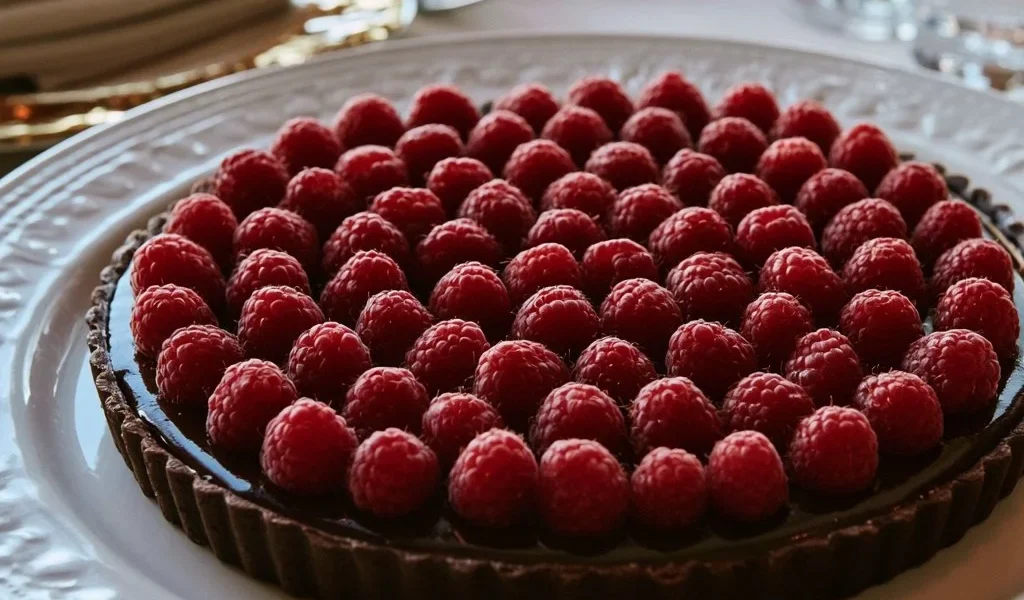 Crostata con cioccolato e lamponi appena sfornata su un piatto bianco.