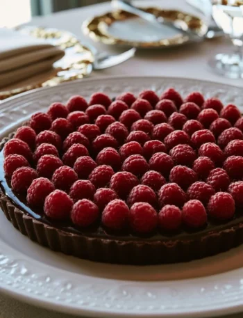Crostata con cioccolato e lamponi, un dolce italiano ricco di sapore.