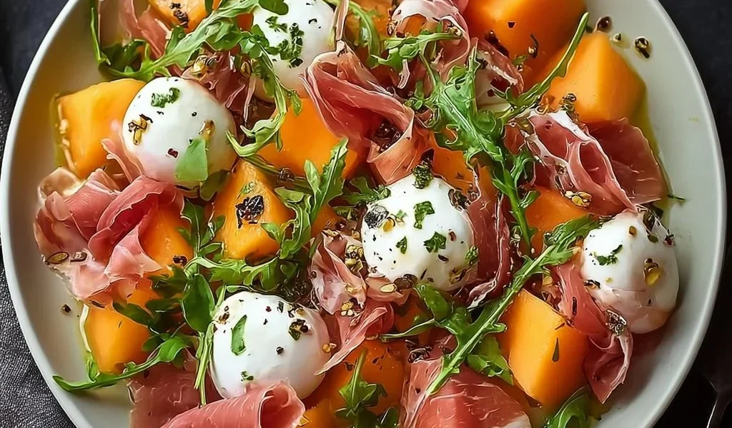 Antipasto di melone e prosciutto servito su un piatto elegante