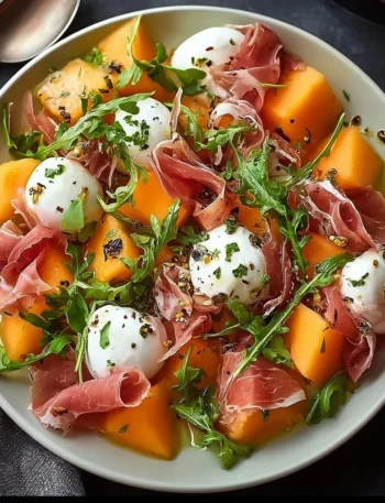 Antipasto di melone e prosciutto servito su un piatto elegante