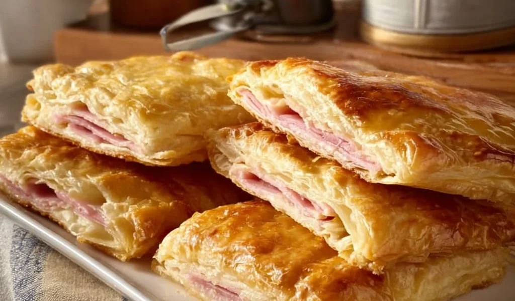 Focaccia di pasta sfoglia ripiena di stracchino e prosciutto cotto in primo piano