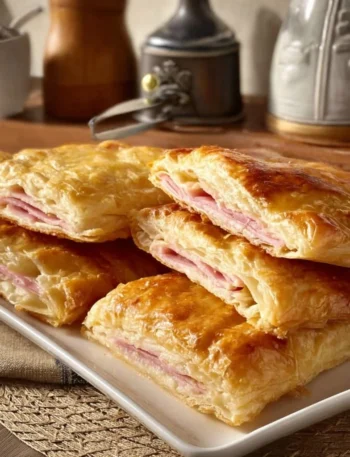 Focaccia di pasta sfoglia ripiena di stracchino e prosciutto cotto in primo piano
