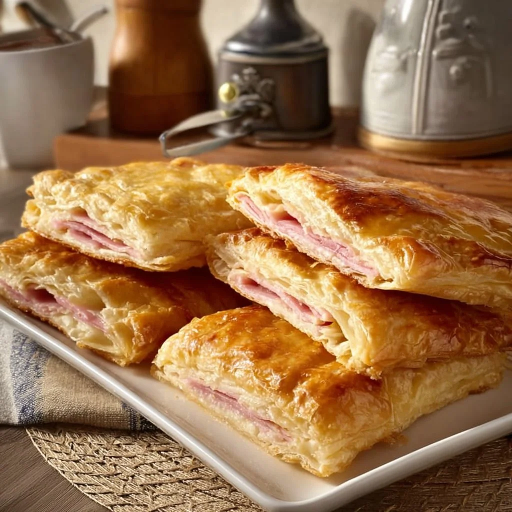 Focaccia di pasta sfoglia ripiena di stracchino e prosciutto cotto