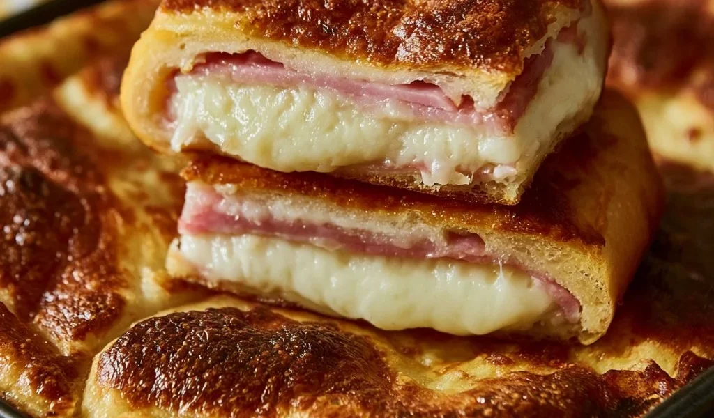 Focaccia farcita con prosciutto, scamorza e stracchino su un tavolo