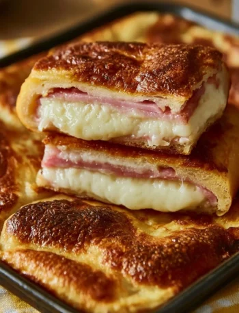 Focaccia farcita con prosciutto, scamorza e stracchino su un tavolo