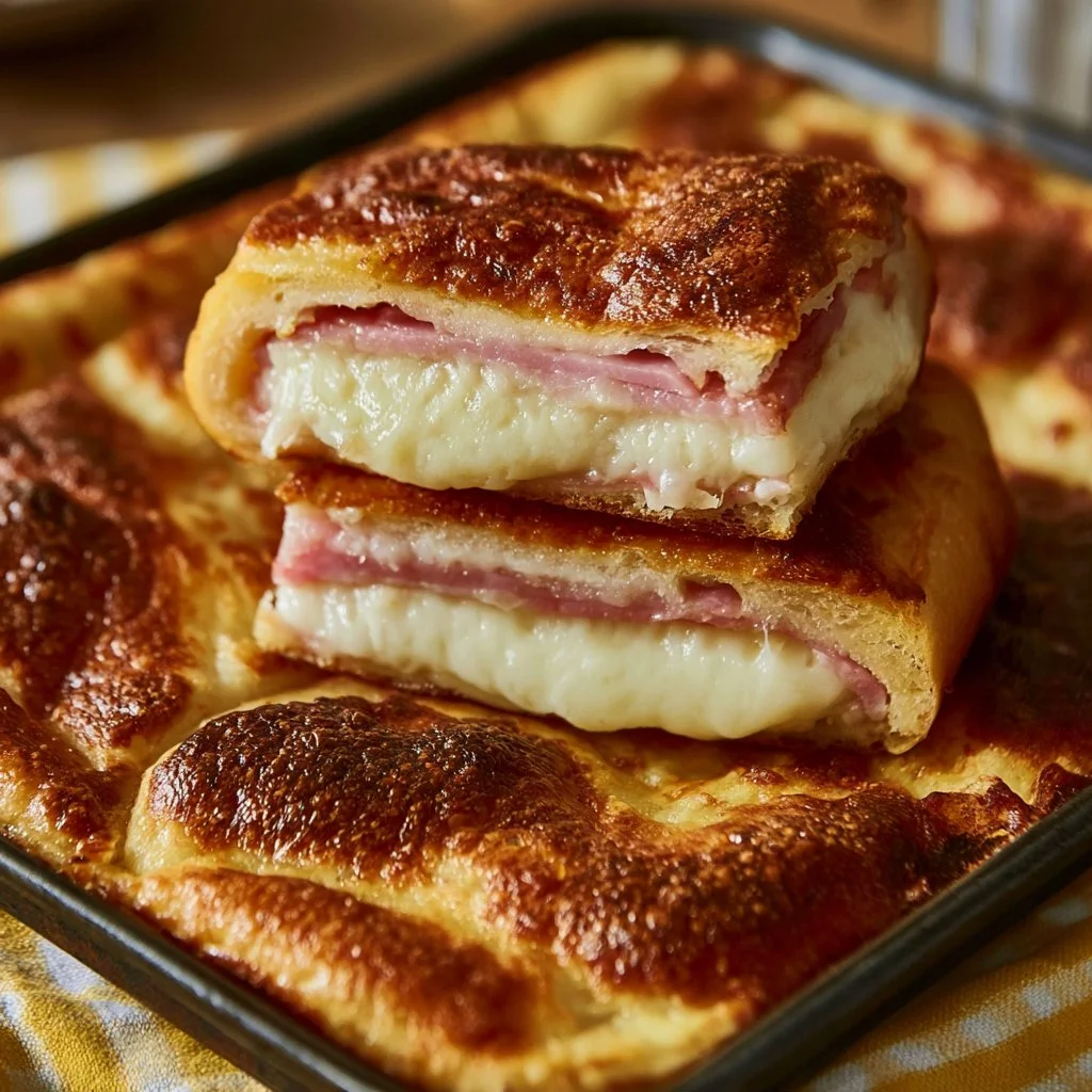 Focaccia farcita con prosciutto, scamorza e stracchino su un tavolo