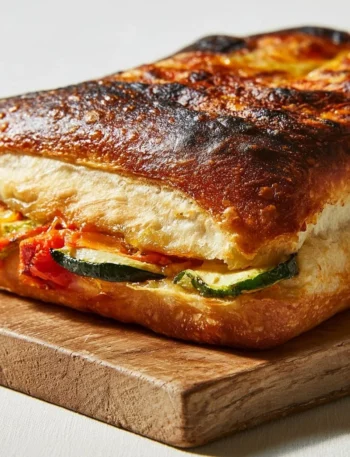 Focaccia ripiena di verdure fresca e colorata sulla tavola