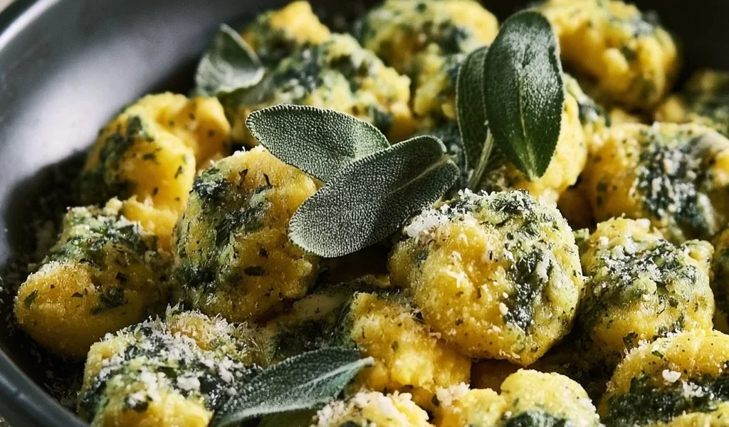 Gnocchi di polenta ed erbette fresche serviti in un piatto colorato.