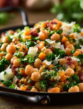 Insalata di Ceci con Rucola, Prosciutto e Melone su un piatto colorato