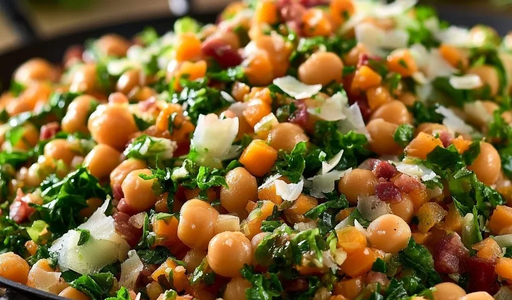 Insalata di ceci con rucola, prosciutto e melone servita in un piatto colorato