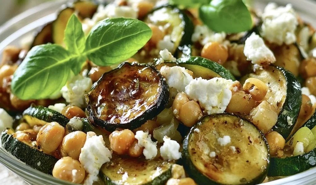 Insalata estiva con ceci, zucchine e feta servita in una ciotola