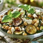 Insalata estiva con ceci, zucchine e feta servita in una ciotola