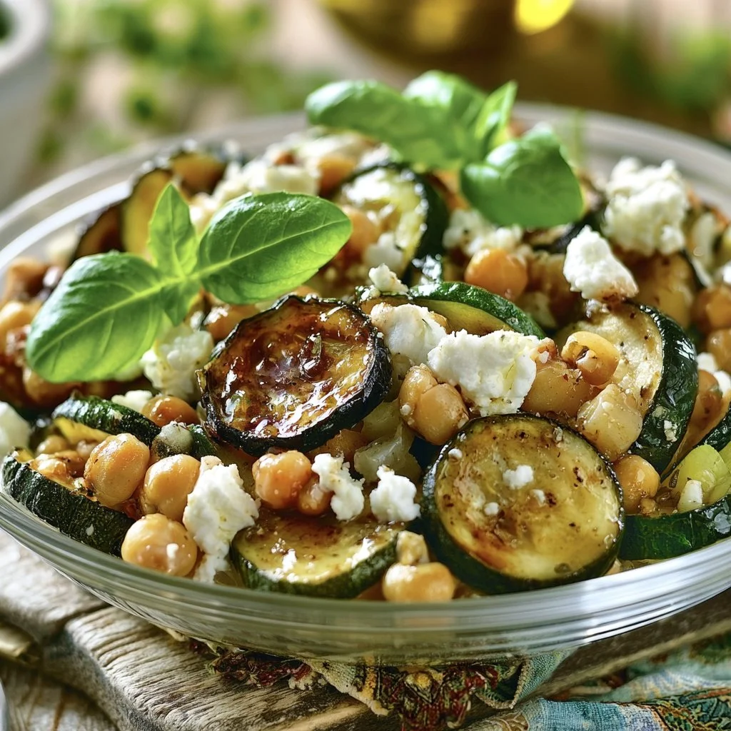 Insalata estiva con ceci, zucchine fresche e feta, piatto sano e colorato