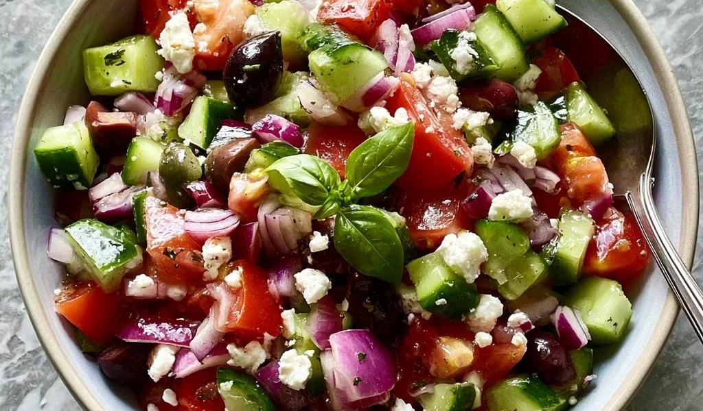 Insalata Greca con pomodori, cetrioli, olive e feta