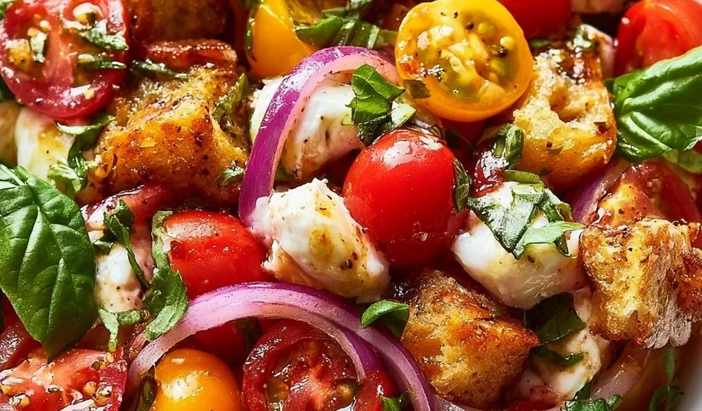 Insalata Panzanella con pomodori e pane abbrustolito