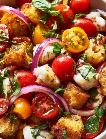 Insalata Panzanella con pomodori e pane abbrustolito