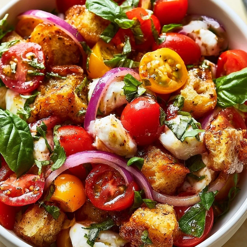 Insalata Panzanella con pomodori e pane abbrustolito