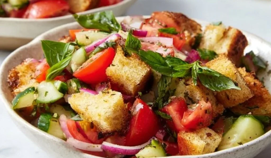 Insalata Panzanella Grigliata di Ina Garten con pomodori e pane croccante.