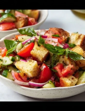 Insalata Panzanella Grigliata di Ina Garten con pomodori e pane croccante.